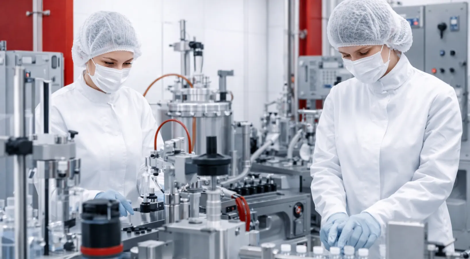 Pharmazeutischer Reinraum mit Mitarbeiterinnen bei der Produktion steriler Arzneimittel