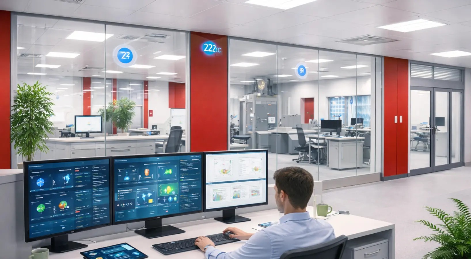 Moderne Forschungs- und Technikräume mit rotem Farbakzent, verglasten Laborbereichen und digitalem Steuerungsarbeitsplatz in einer Bildungseinrichtung.