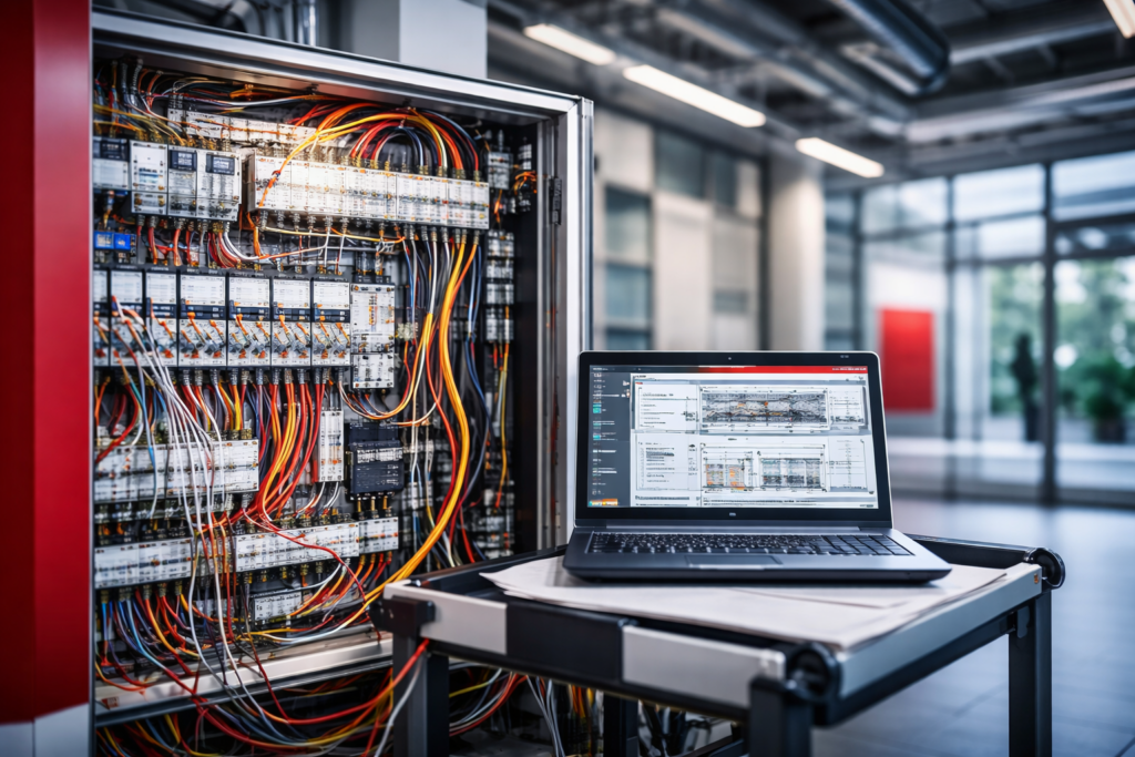 Schaltschrank der Gebäudeautomation mit Steuerungssystem und Verkabelung für Schnittstellen zwischen HLK-, Beleuchtungs- und Gebäudetechniksystemen