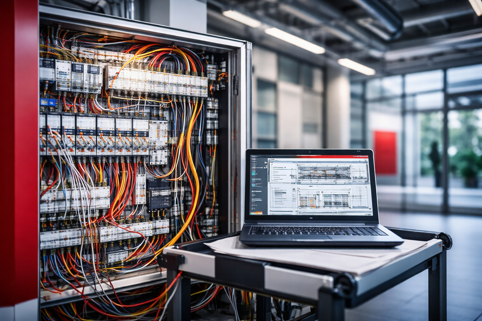 Schaltschrank der Gebäudeautomation mit Steuerungssystem und Verkabelung für Schnittstellen zwischen HLK-, Beleuchtungs- und Gebäudetechniksystemen