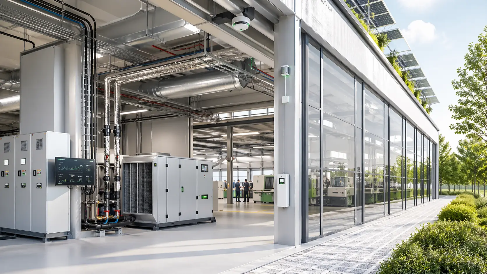 Moderne Industriehalle mit integrierter energieeffizienter Gebäudetechnik, sichtbaren Lüftungs- und Versorgungssystemen, großen Glasflächen, digitaler Energieüberwachung und dezenten Produktionsbereichen im Hintergrund.