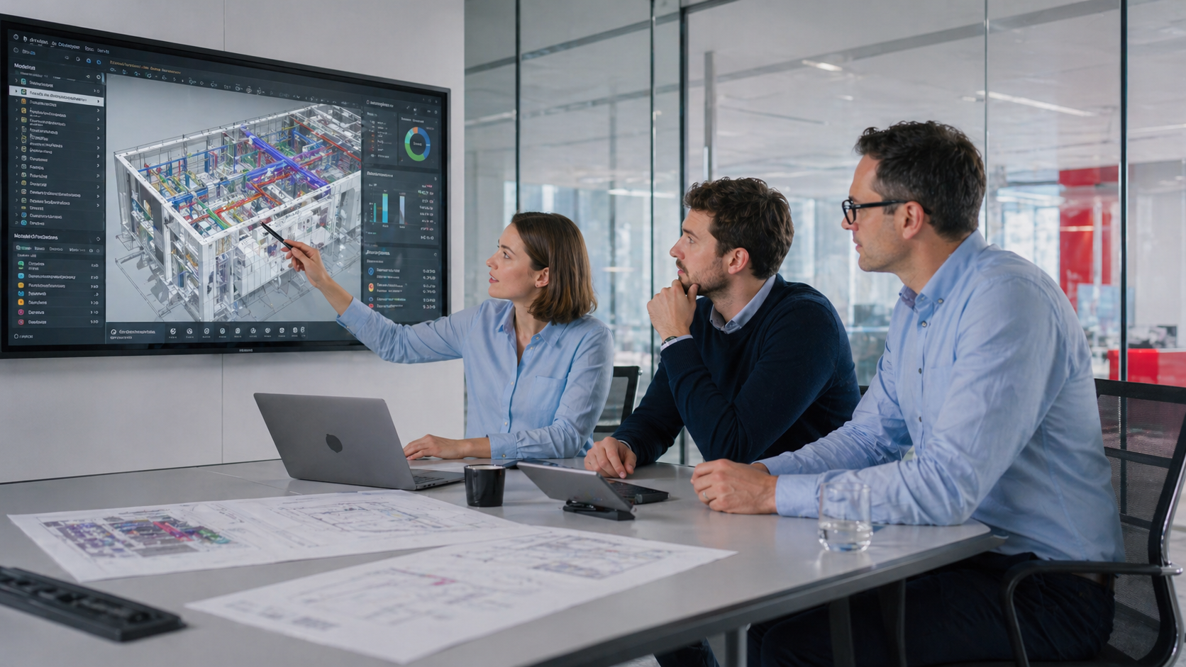 Ingenieure analysieren ein digitales Gebäudemodell für die technische Gebäudeausrüstung