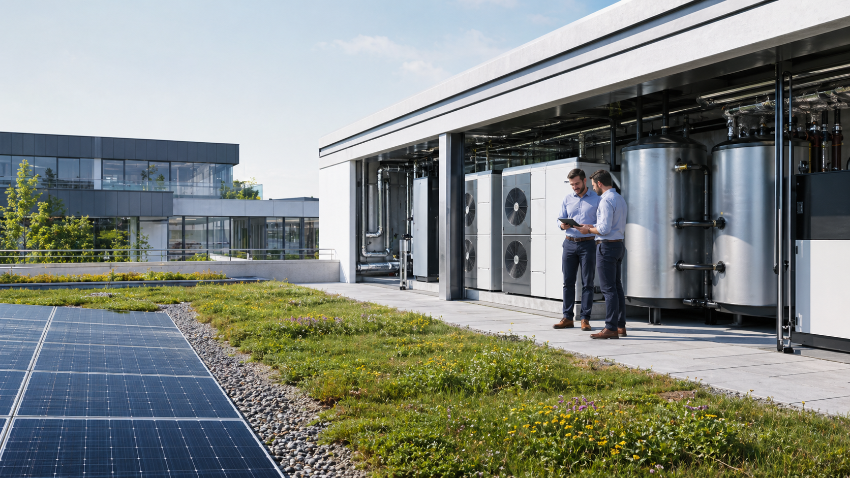 Nachhaltige Gebäudetechnik mit Photovoltaikanlage, Dachbegrünung und Versorgungstechnik