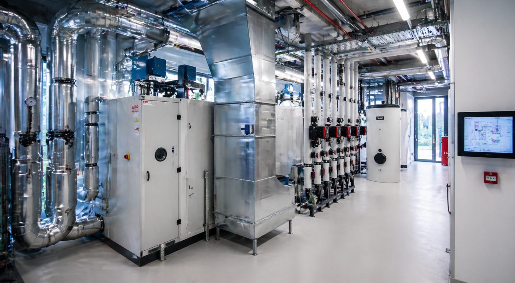 Moderner Technikraum mit HLK-Anlage, Lüftungskanälen und Rohrleitungssystemen