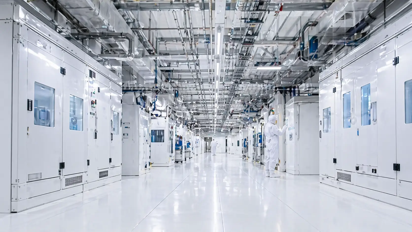 Innenansicht eines modernen Reinraums für Mikroelektronik und Forschung mit weißen Anlagenreihen, technischer Gebäudeinfrastruktur und Fachpersonal in Reinraumbekleidung.